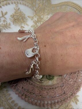 925 Sterling Silver Purse & High Heel Charm Chain Bracelet Toggle Fashionistas